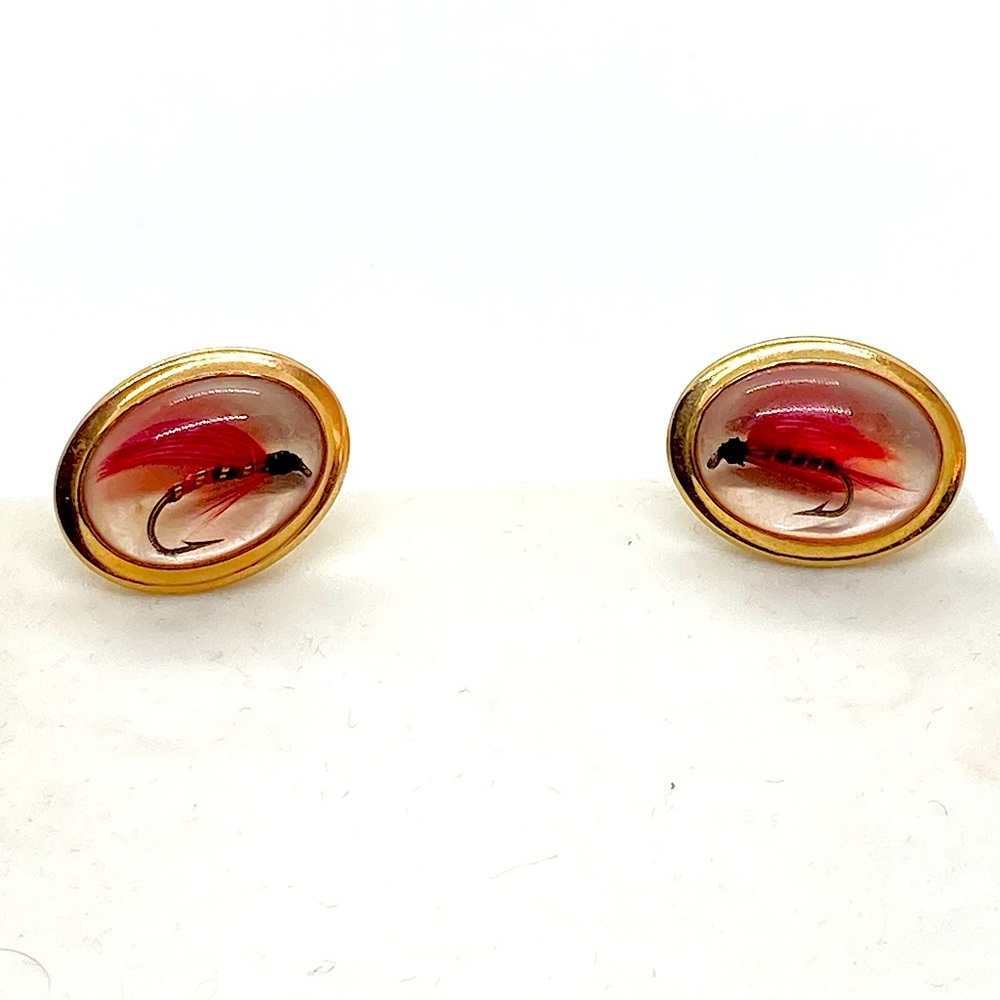 Vtg Lucite Fishing Lure Gold Tone Fly Fish Hook Cufflinks | .9” Length